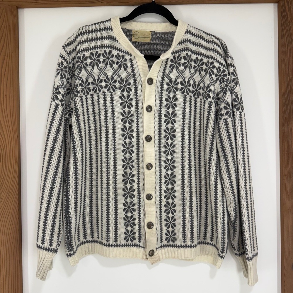 Vintage Bemidji Woolen Mills‎ Nordic Fair Isle Cardigan Cream Grey Grandpacore